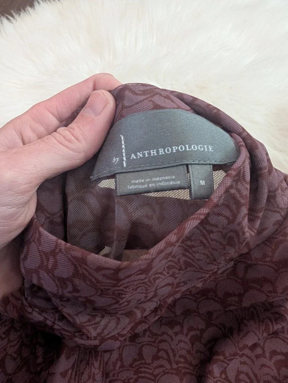 Anthropologie Semi Sheer Mesh Knit Mauve Patterned Long Sleeve Turtleneck Top M